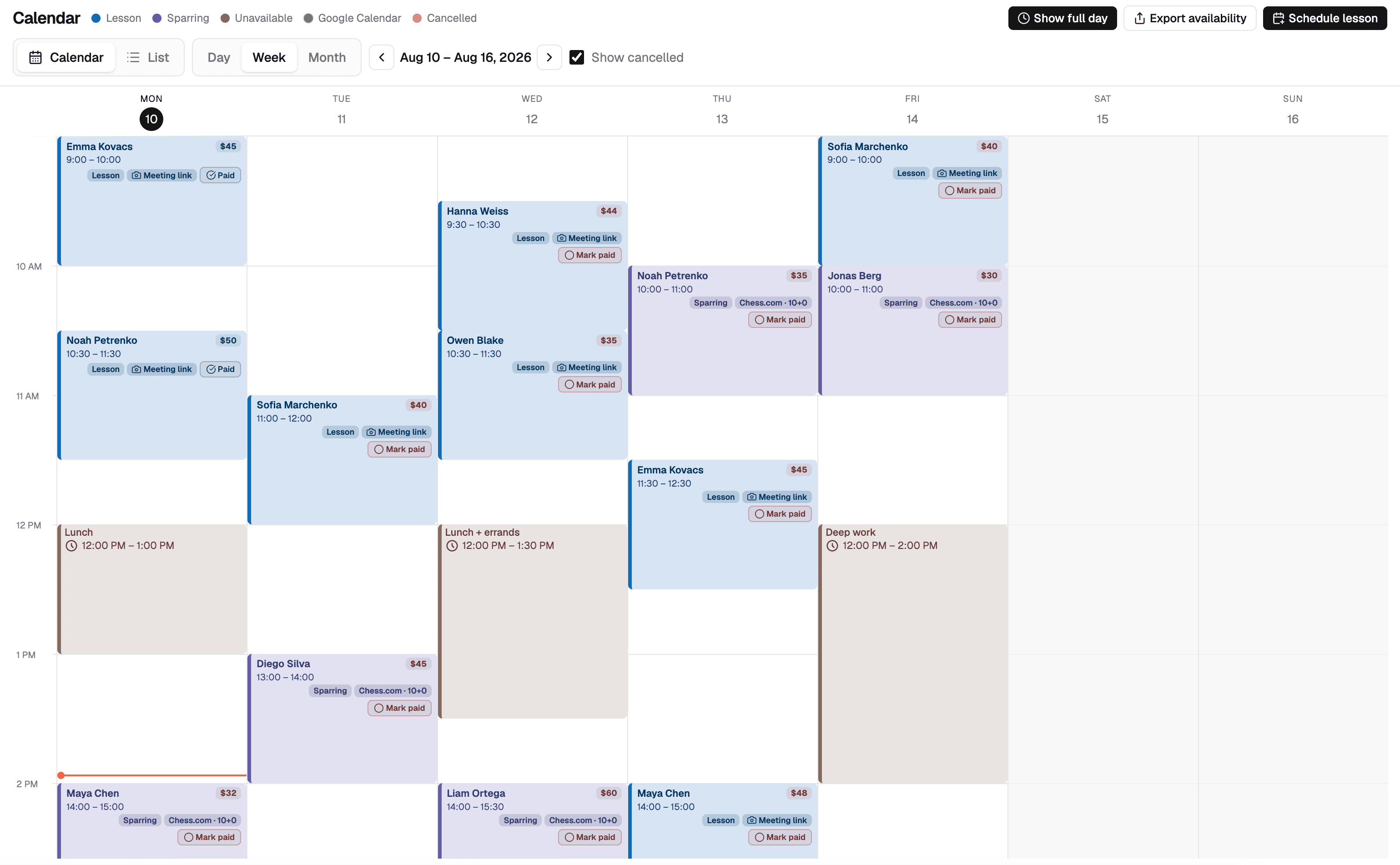 Coach calendar week view with lessons, sparring, and unavailable blocks