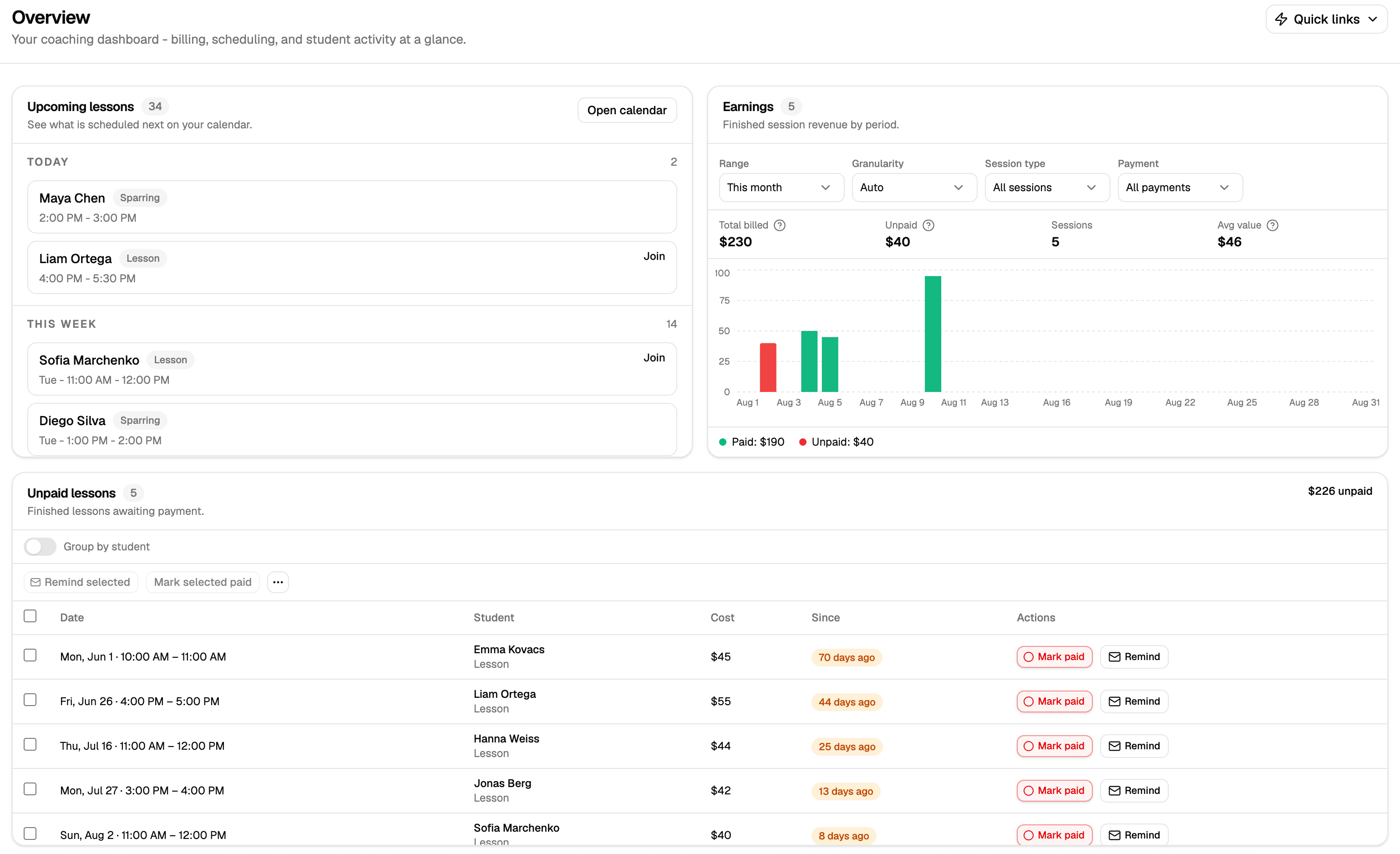 Coach overview with upcoming lessons, earnings, and unpaid lessons