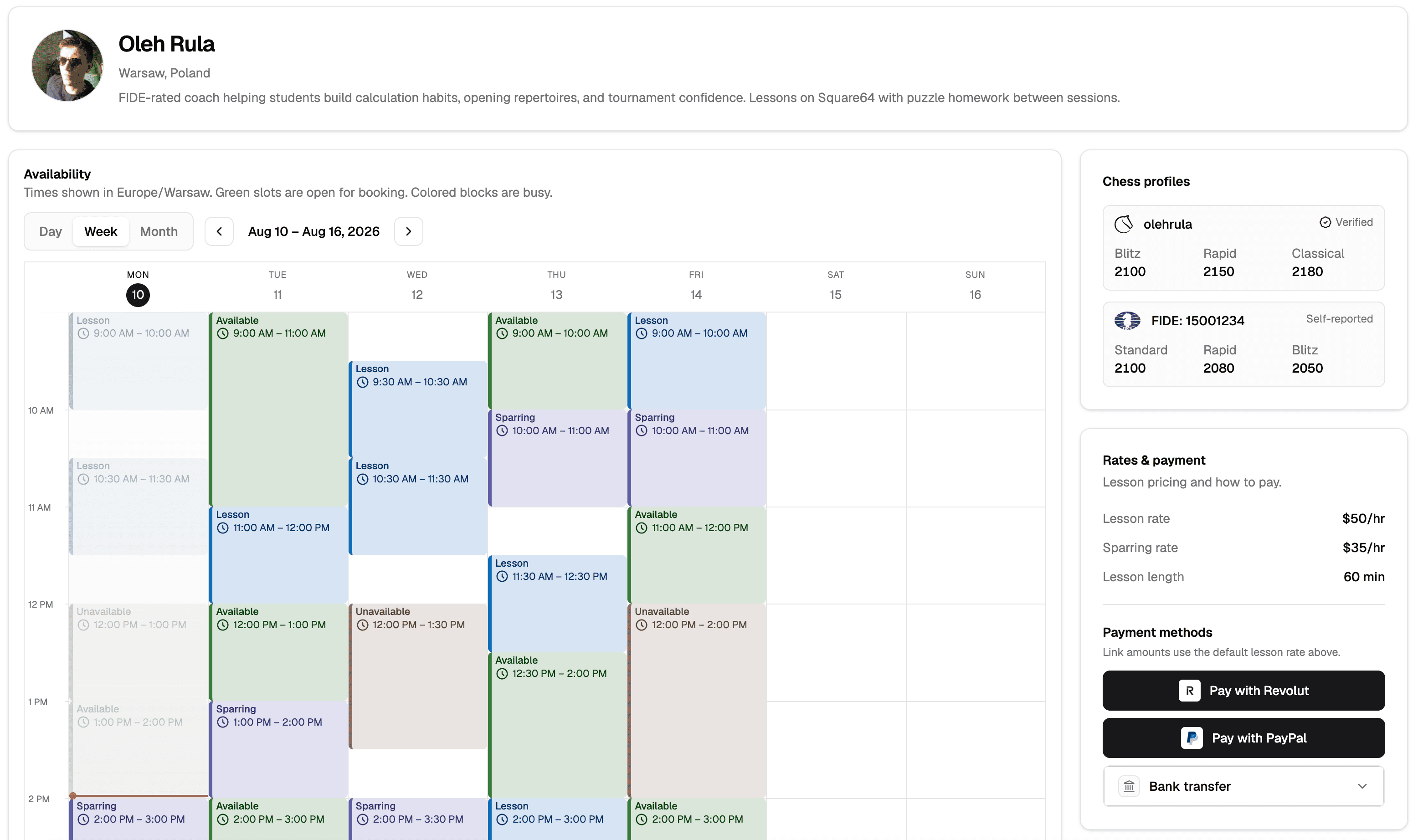 Public coach profile with availability calendar, ratings, and payment methods